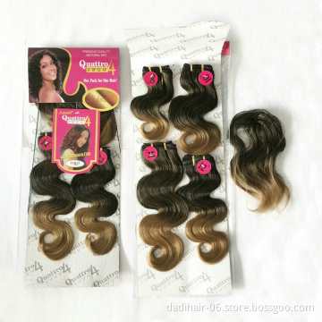 wholesale Brazilian body wave synthetic hair weaving with 1pc synthetic closure,Quattro indian curl 4pcs blend hair